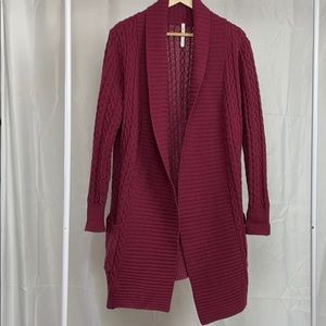 Long burgundy cable knit cardigan